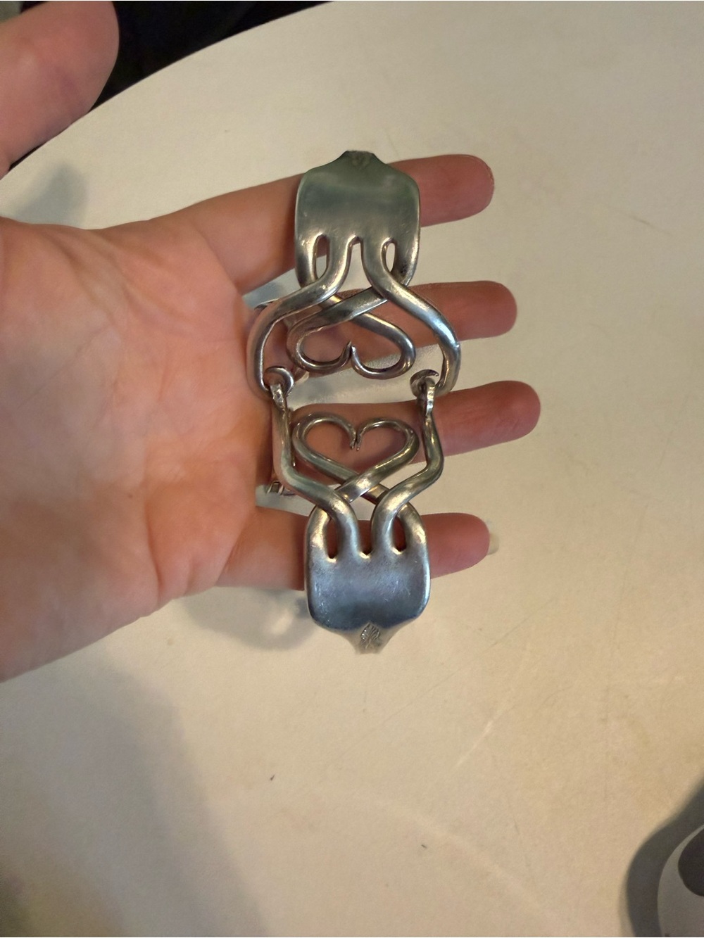 Silver Heart Fork Bracelet - Sculpted Metal Heart Motif